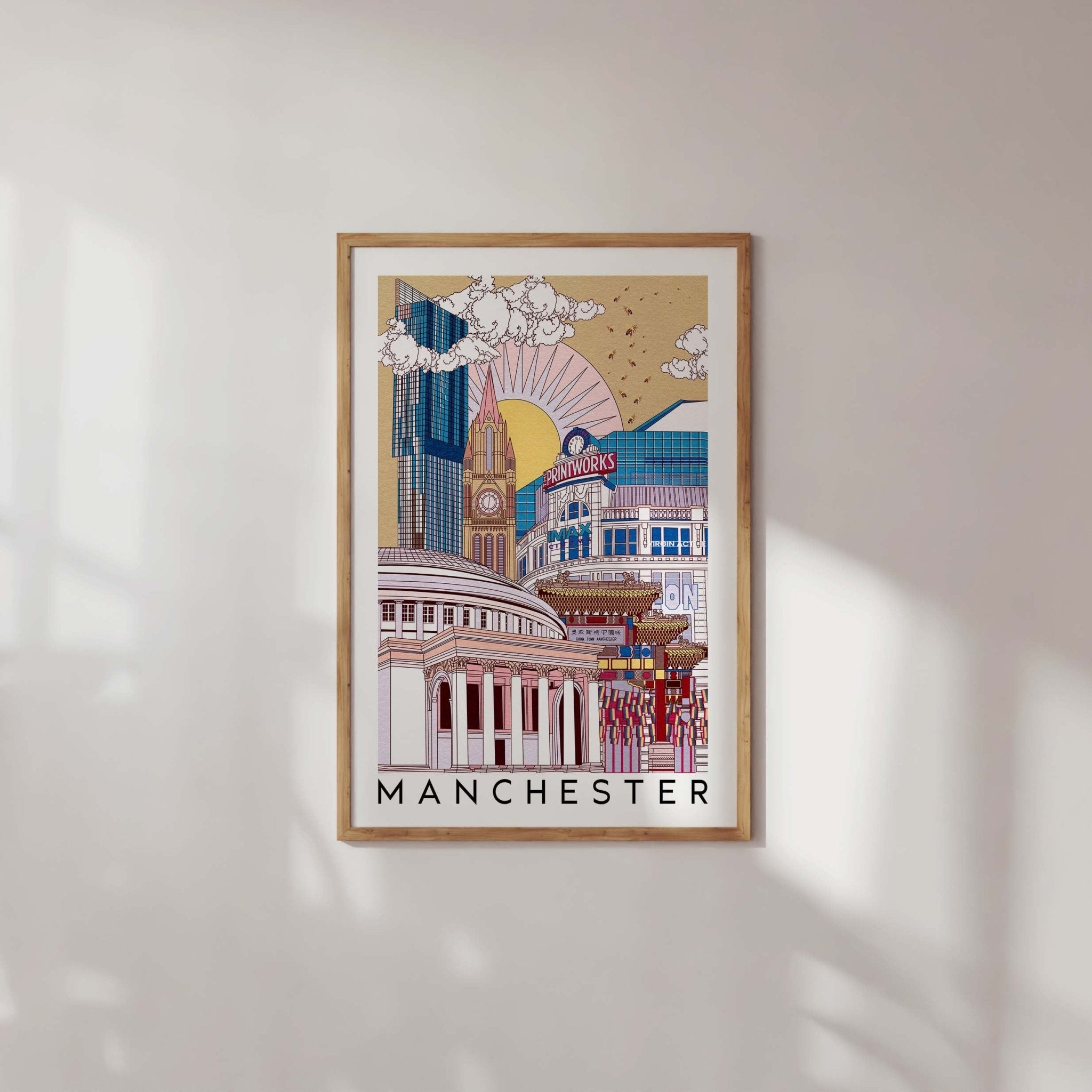 A vibrant illustration of Manchester's skyline featuring iconic landmarks like the Town Hall and Beetham Tower.