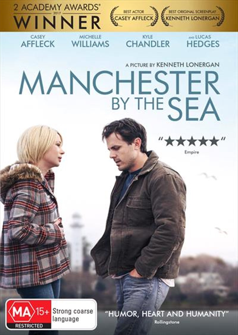 Manchester By The Sea DVD cover featuring Casey Affleck and Lucas Hedges, showcasing a dramatic family scene.