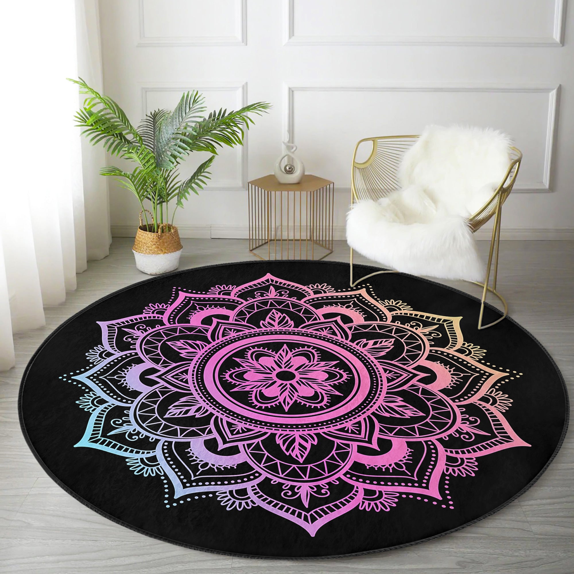 A beautifully designed Mandala Round Rug in vibrant colors, perfect for meditation and relaxation, showcasing intricate patterns and soft velvet texture.