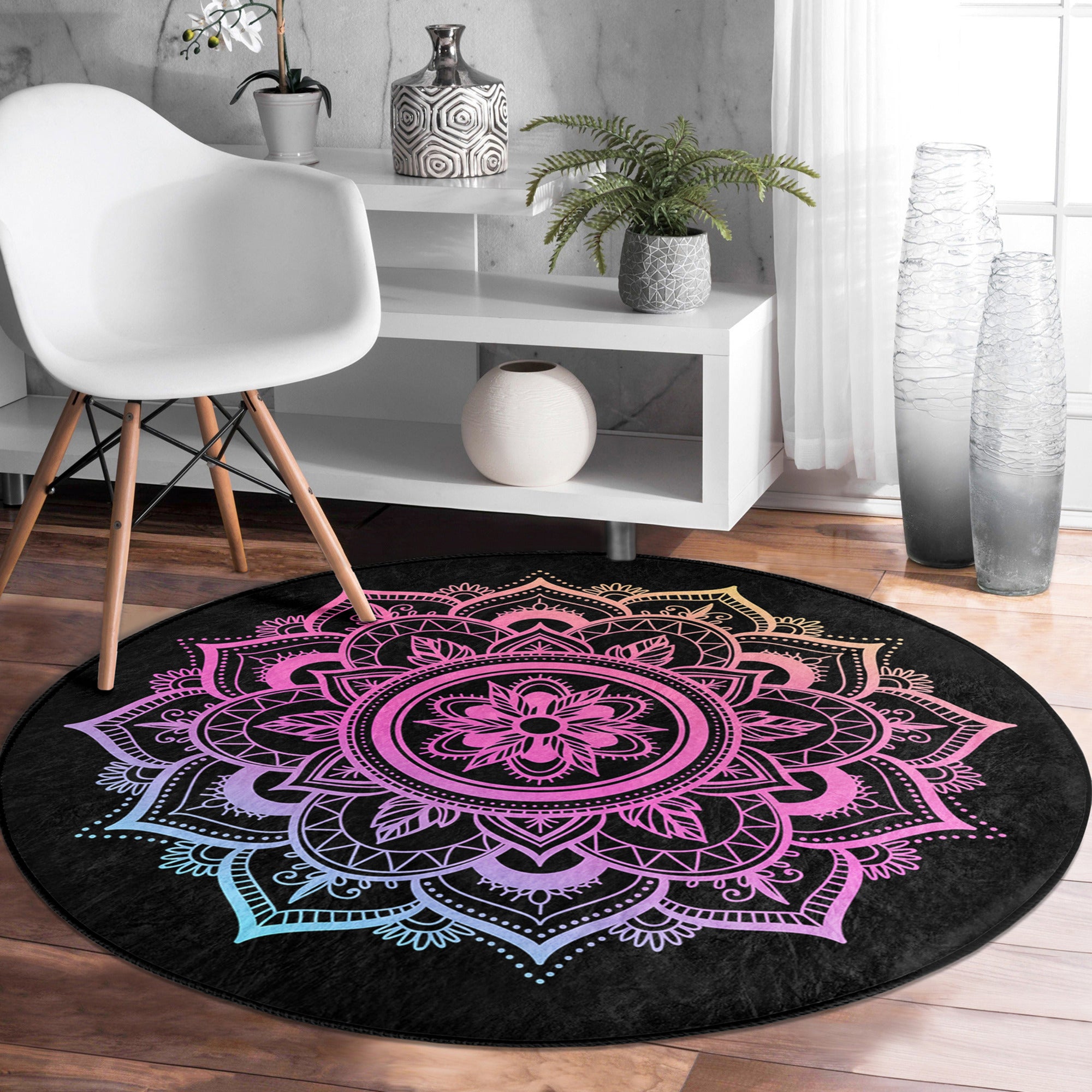 A beautifully designed Mandala Round Rug in vibrant colors, perfect for meditation and relaxation, showcasing intricate patterns and soft velvet texture.