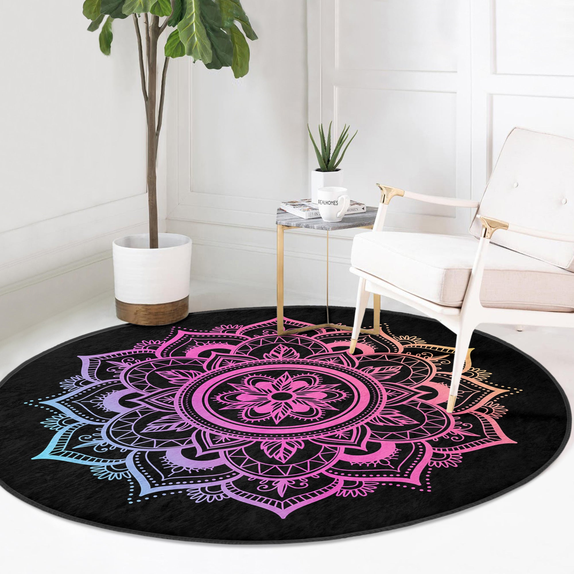 A beautifully designed Mandala Round Rug in vibrant colors, perfect for meditation and relaxation, showcasing intricate patterns and soft velvet texture.