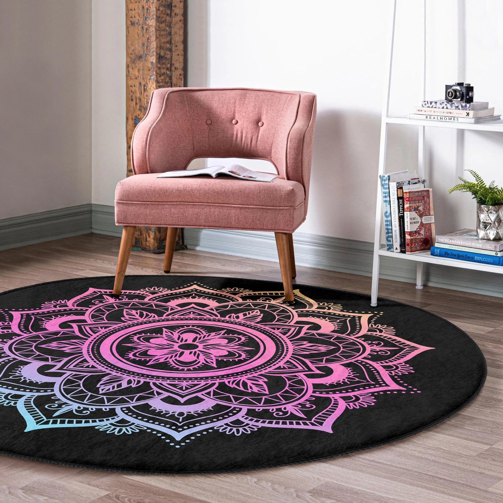 A beautifully designed Mandala Round Rug in vibrant colors, perfect for meditation and relaxation, showcasing intricate patterns and soft velvet texture.