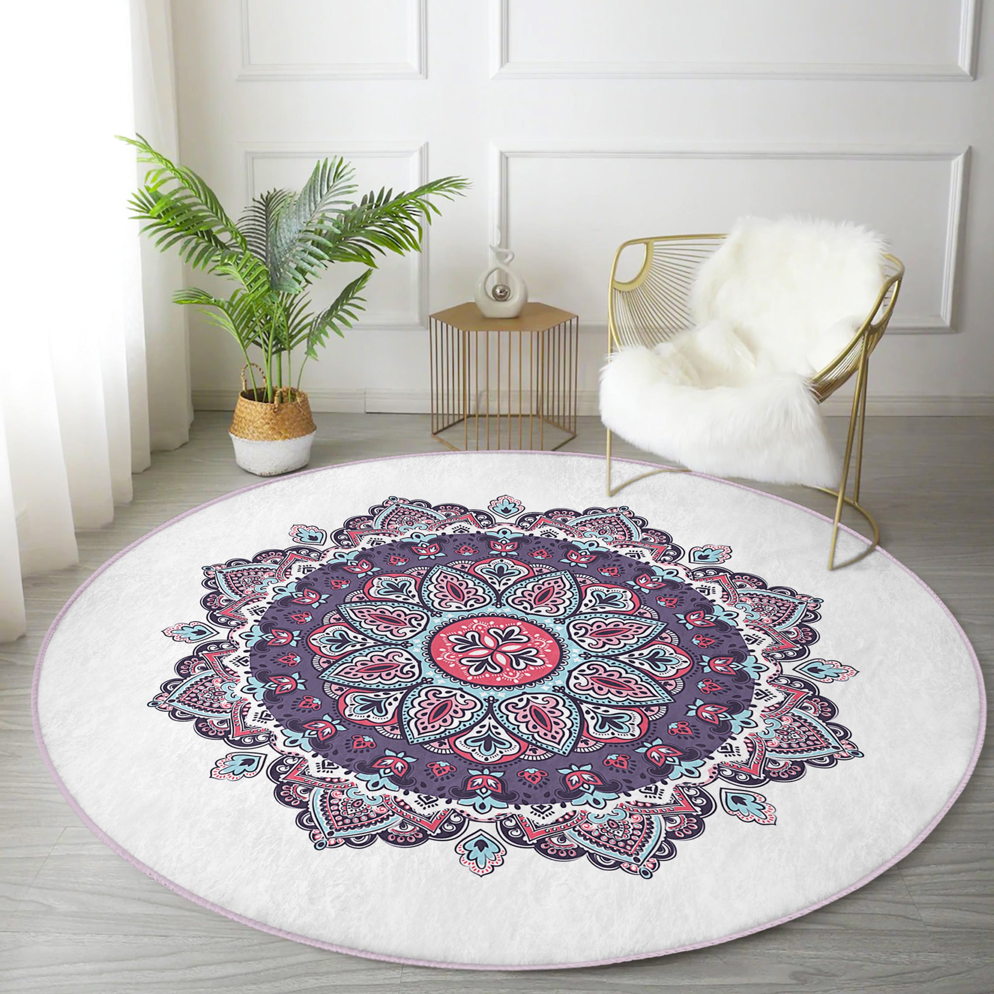 Mandala Yoga Room Round Rug featuring intricate designs and soft velvet fabric, ideal for meditation and yoga spaces.