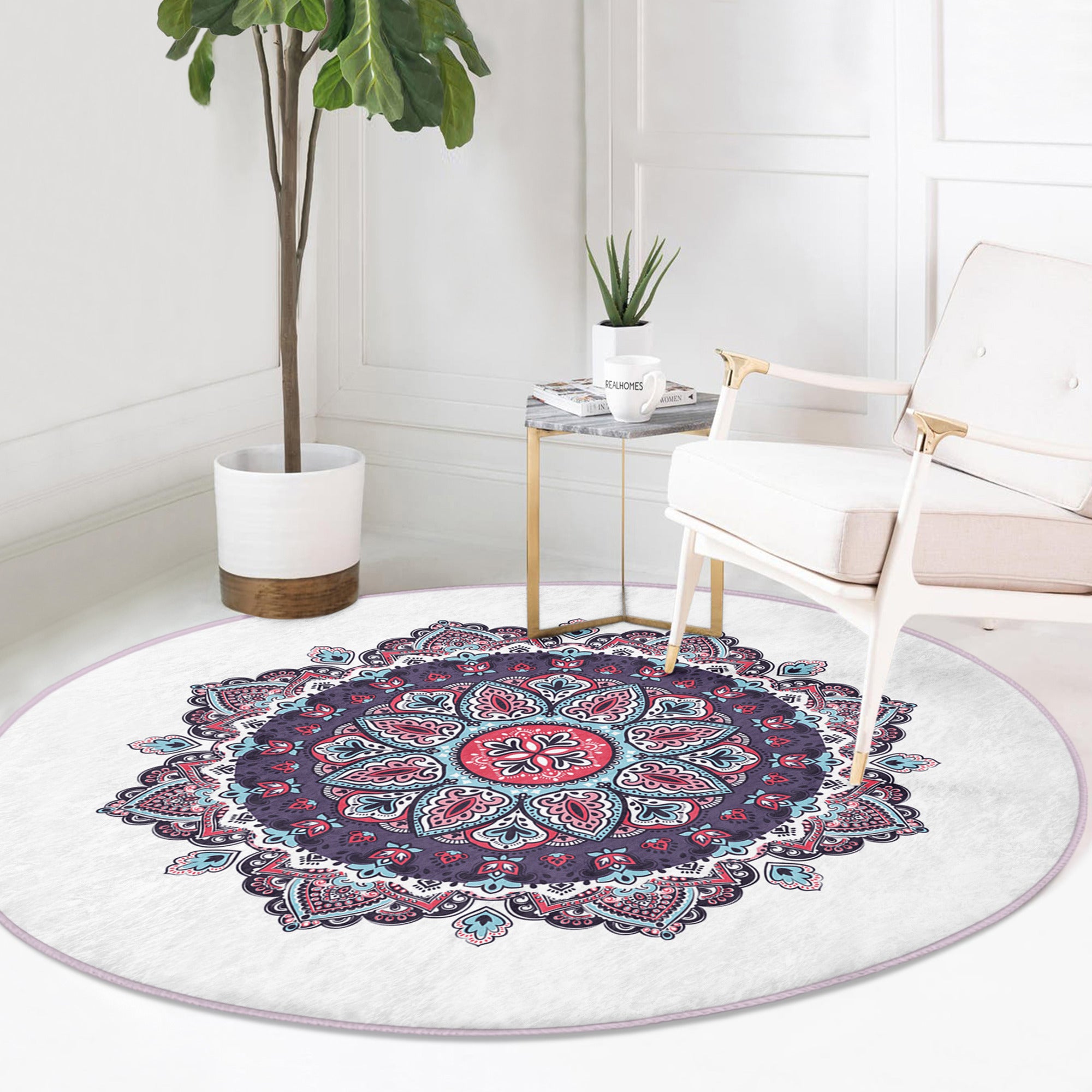 Mandala Yoga Room Round Rug featuring intricate designs and soft velvet fabric, ideal for meditation and yoga spaces.