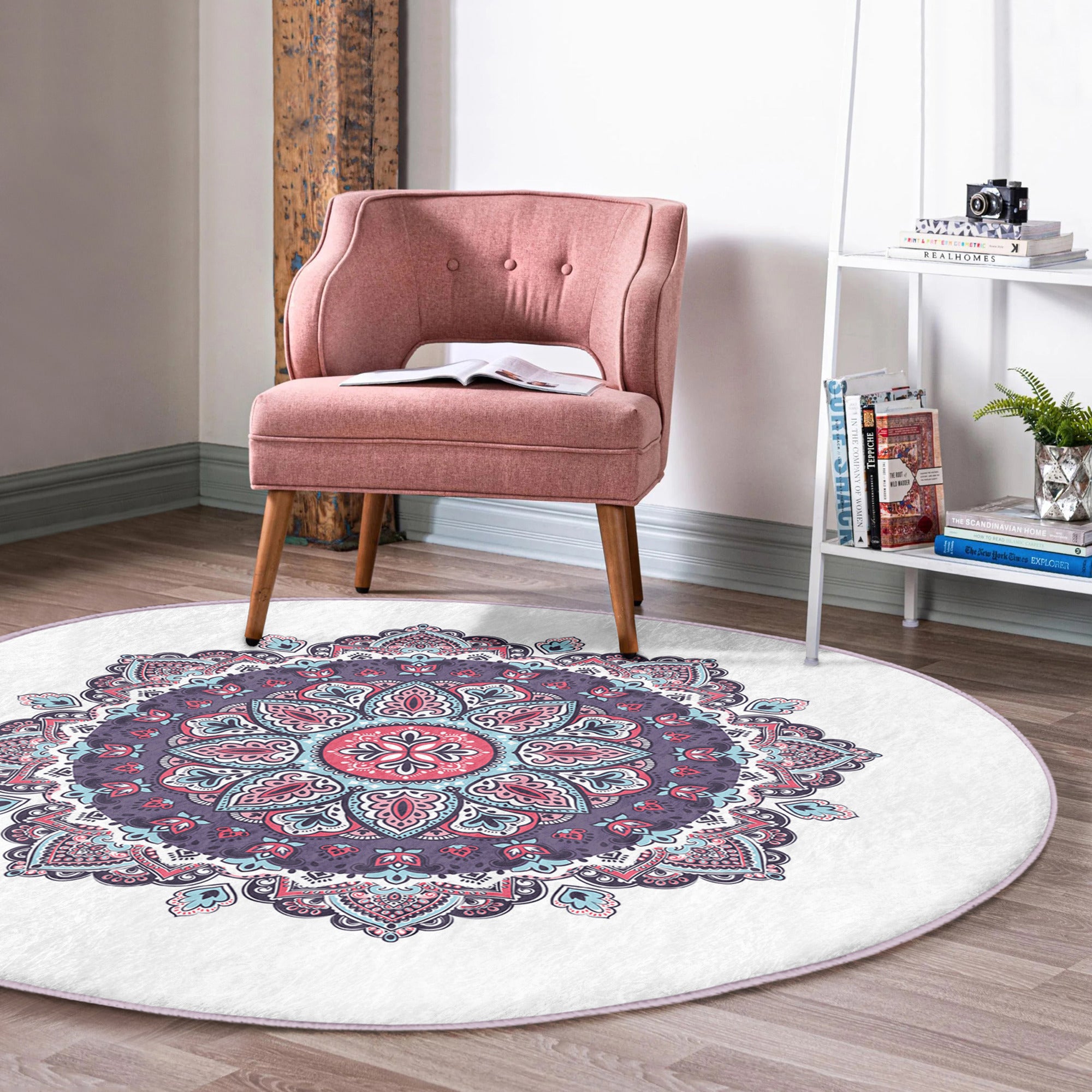 Mandala Yoga Room Round Rug featuring intricate designs and soft velvet fabric, ideal for meditation and yoga spaces.