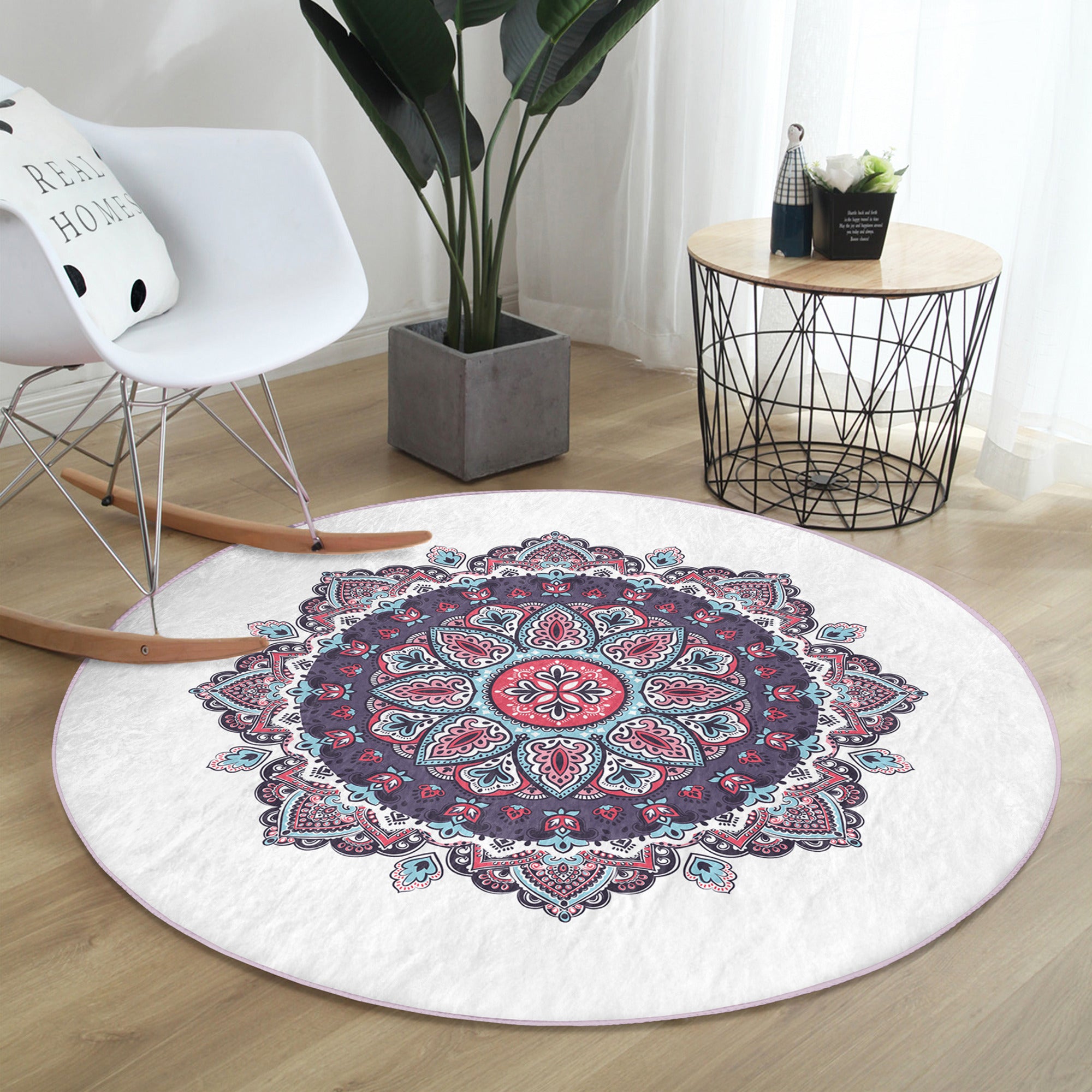 Mandala Yoga Room Round Rug featuring intricate designs and soft velvet fabric, ideal for meditation and yoga spaces.