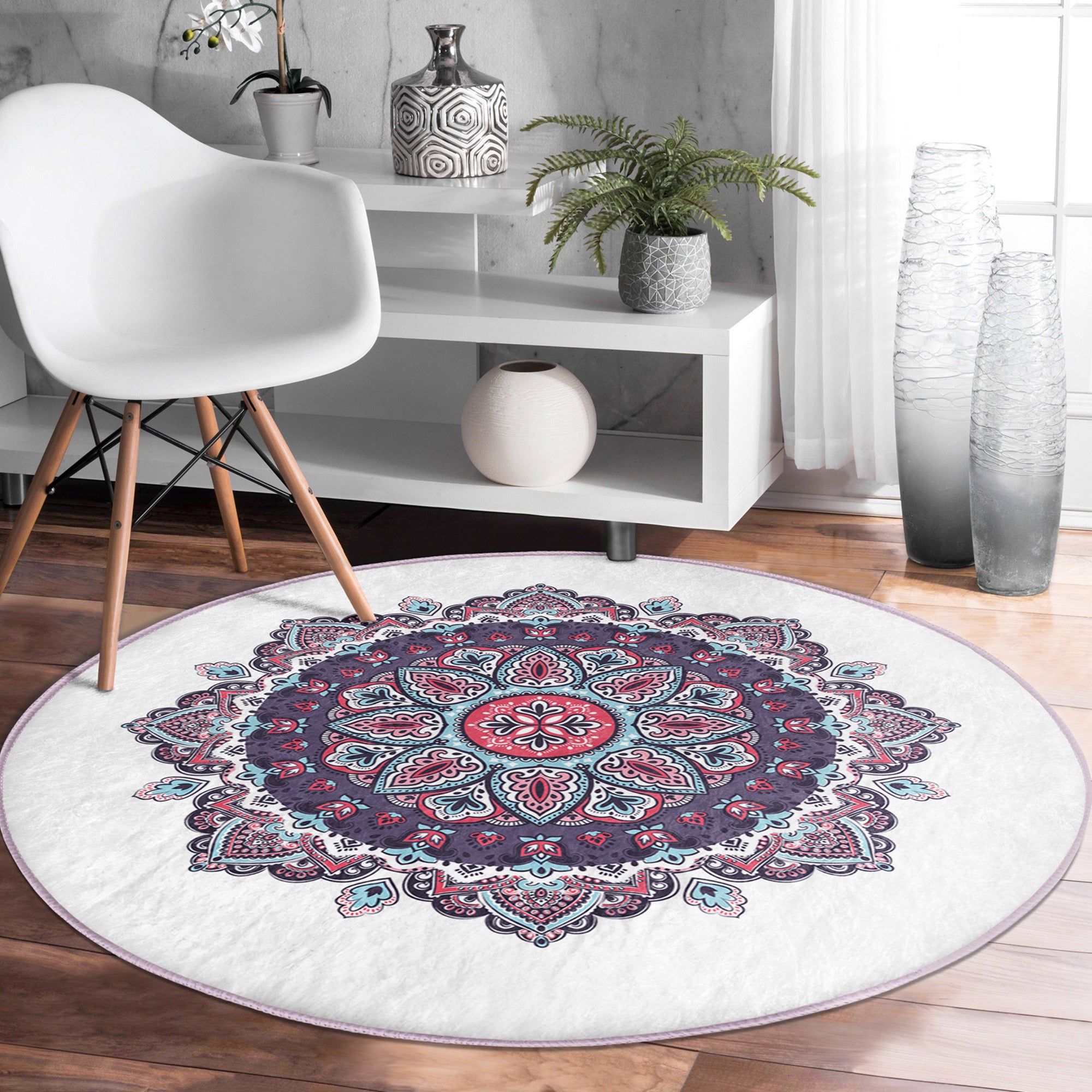 Mandala Yoga Room Round Rug featuring intricate designs and soft velvet fabric, ideal for meditation and yoga spaces.