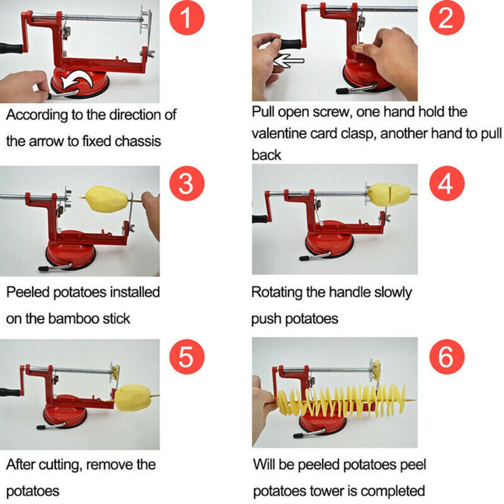 Manual Operation Potato Twister Tornado Slicer with stainless steel blade and aluminum body, designed for easy vegetable slicing.