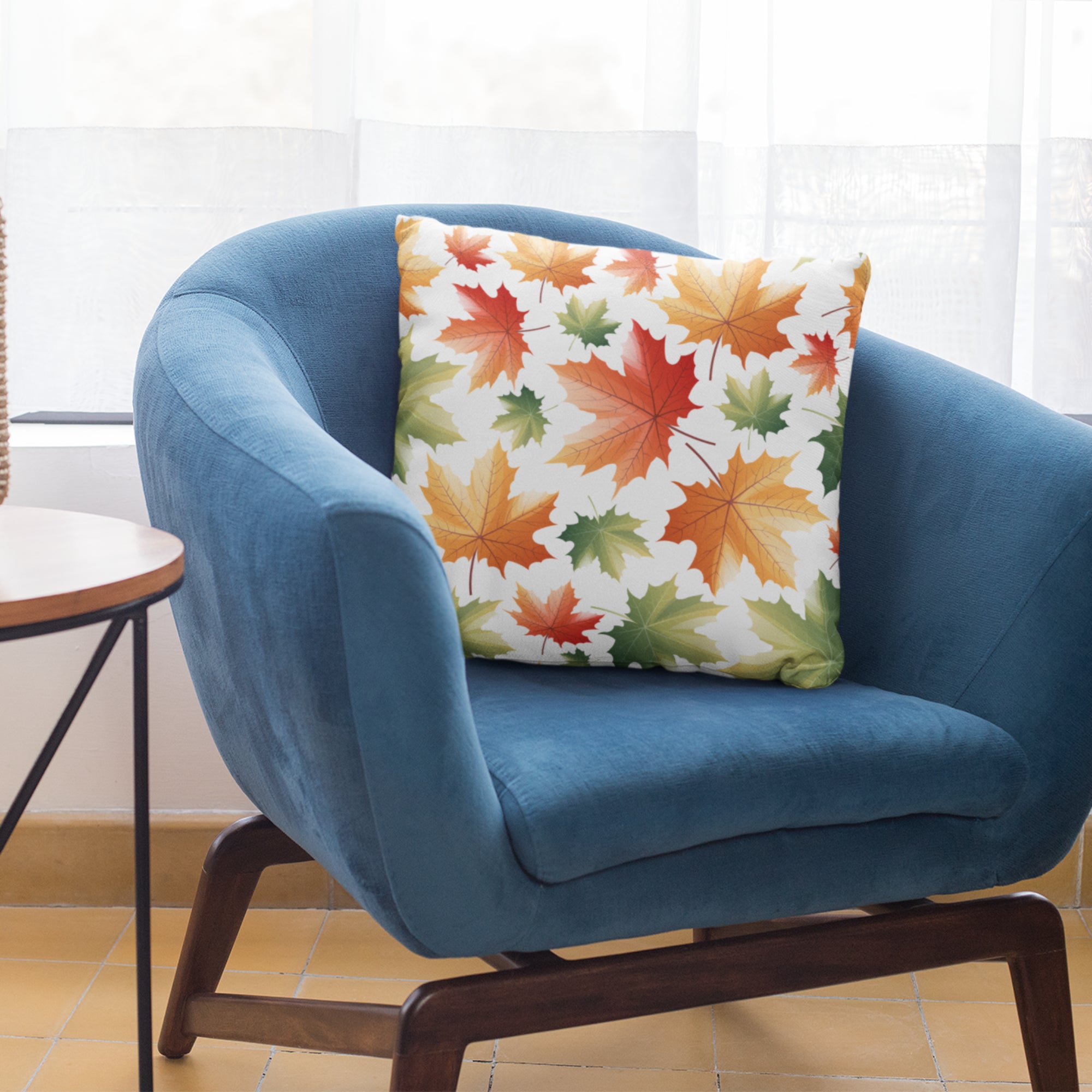 Maple Leaf Pattern Throw Pillow by Homeezone featuring vibrant maple leaf design on one side and light cream back.