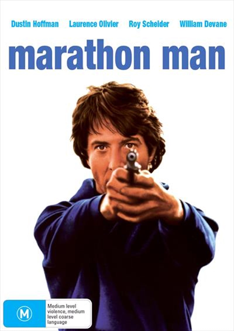 Marathon Man DVD cover featuring Dustin Hoffman and Laurence Olivier, showcasing a thrilling cinematic experience.