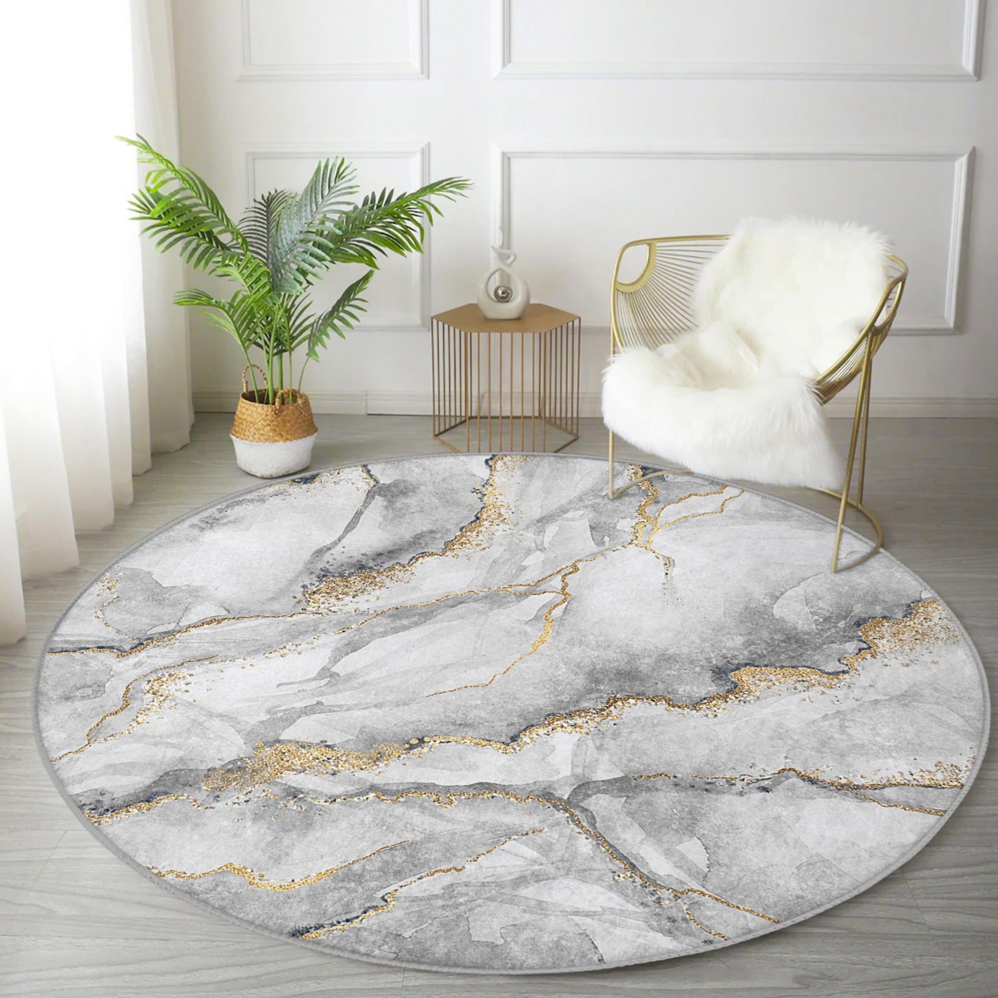 A beautifully designed Marble Patterned Round Rug featuring a luxurious marble design in soft velvet fabric, perfect for home decor.