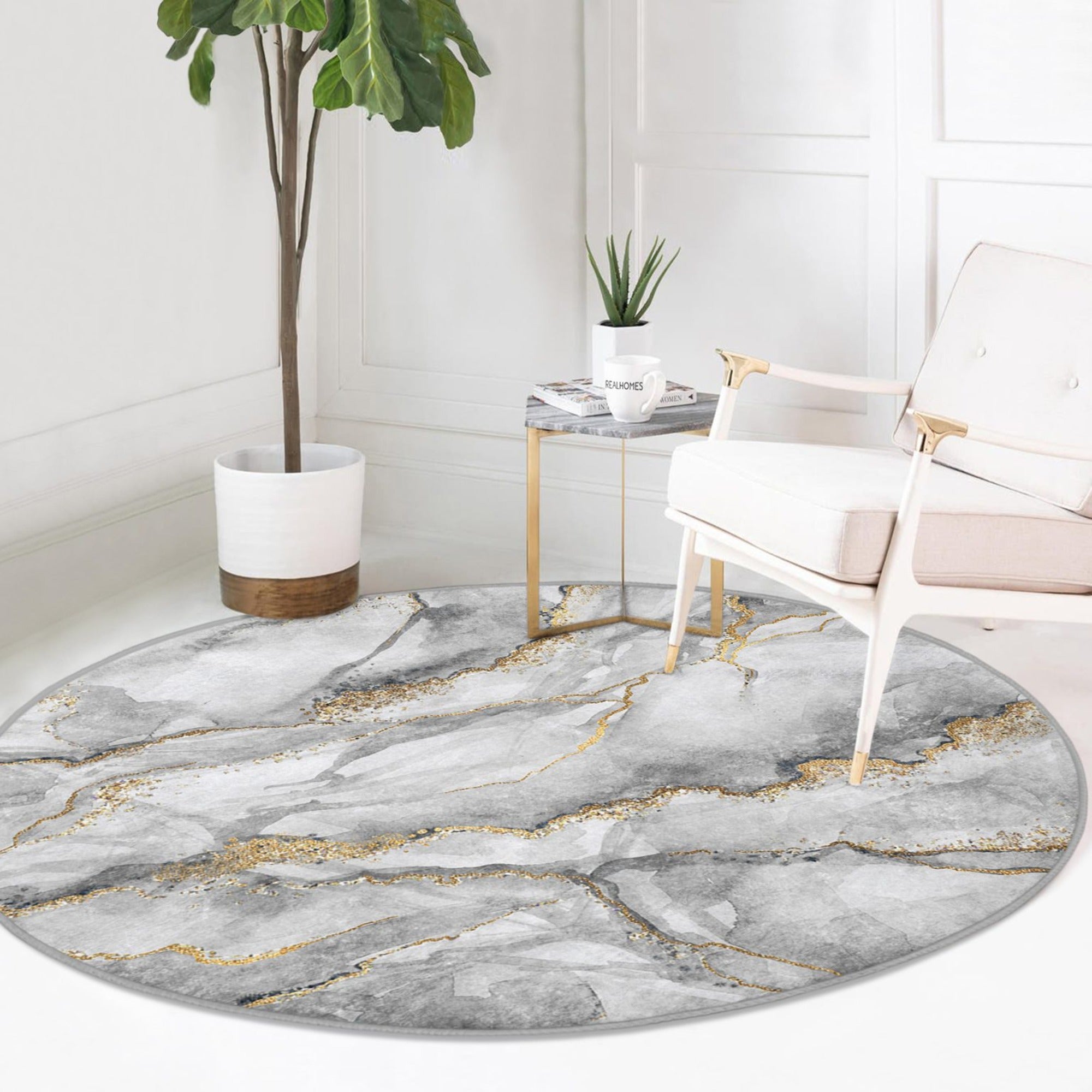 A beautifully designed Marble Patterned Round Rug featuring a luxurious marble design in soft velvet fabric, perfect for home decor.