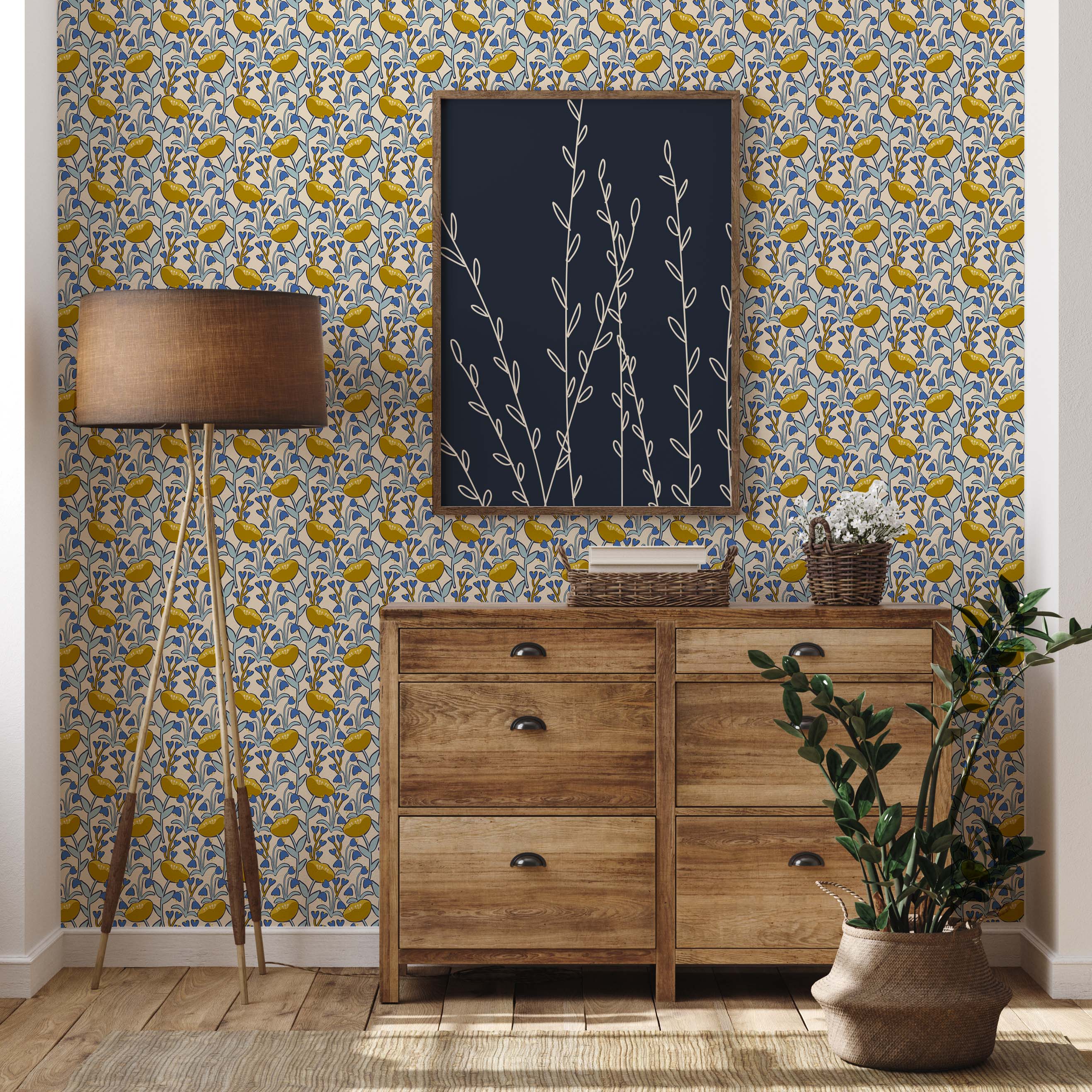 Marigold in Bloom Wallpaper featuring vibrant floral design, perfect for home decor.