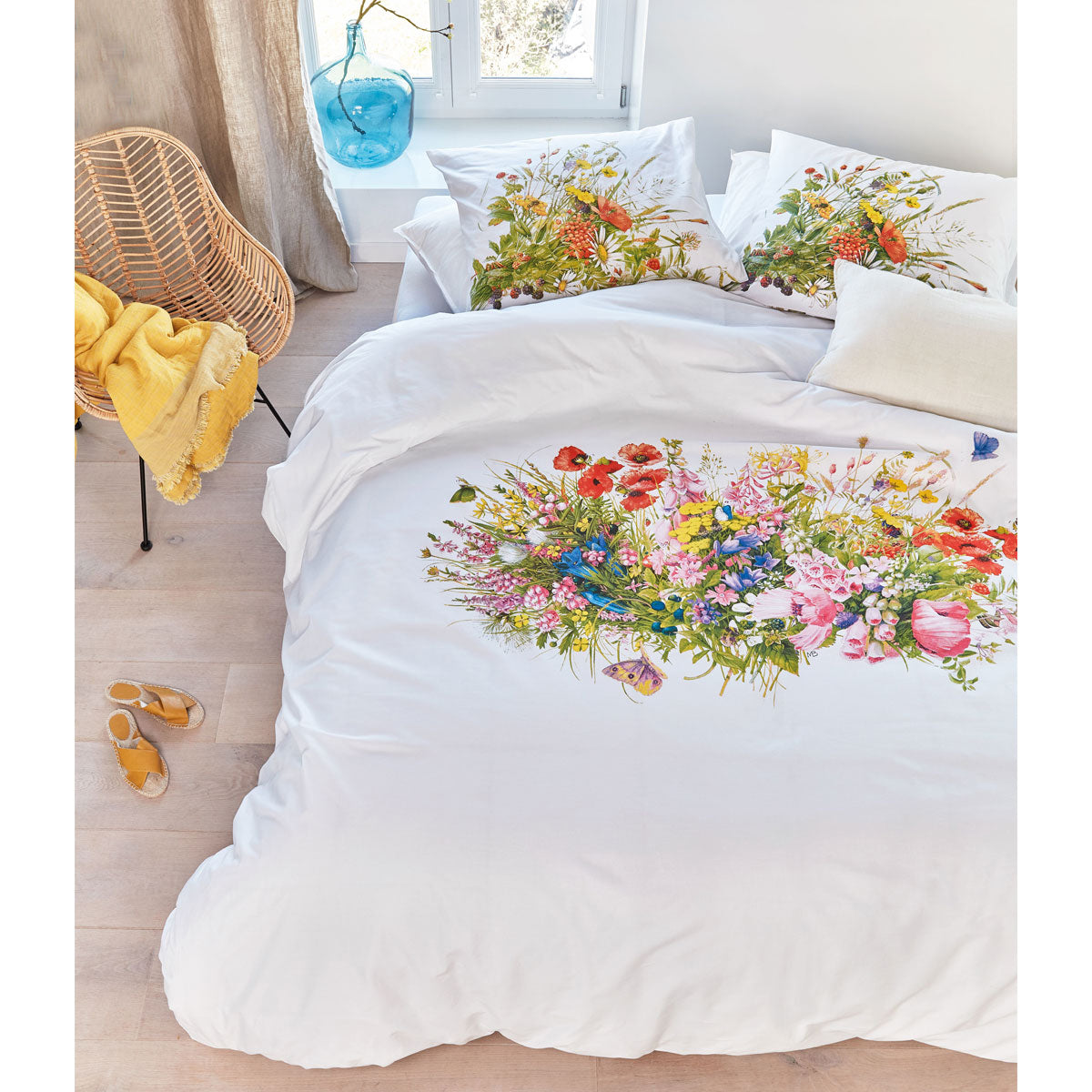 Marjolein Bastin Amazing Flowers Multi Cotton Quilt Cover Set featuring vibrant floral designs on a white background, perfect for summer decor.