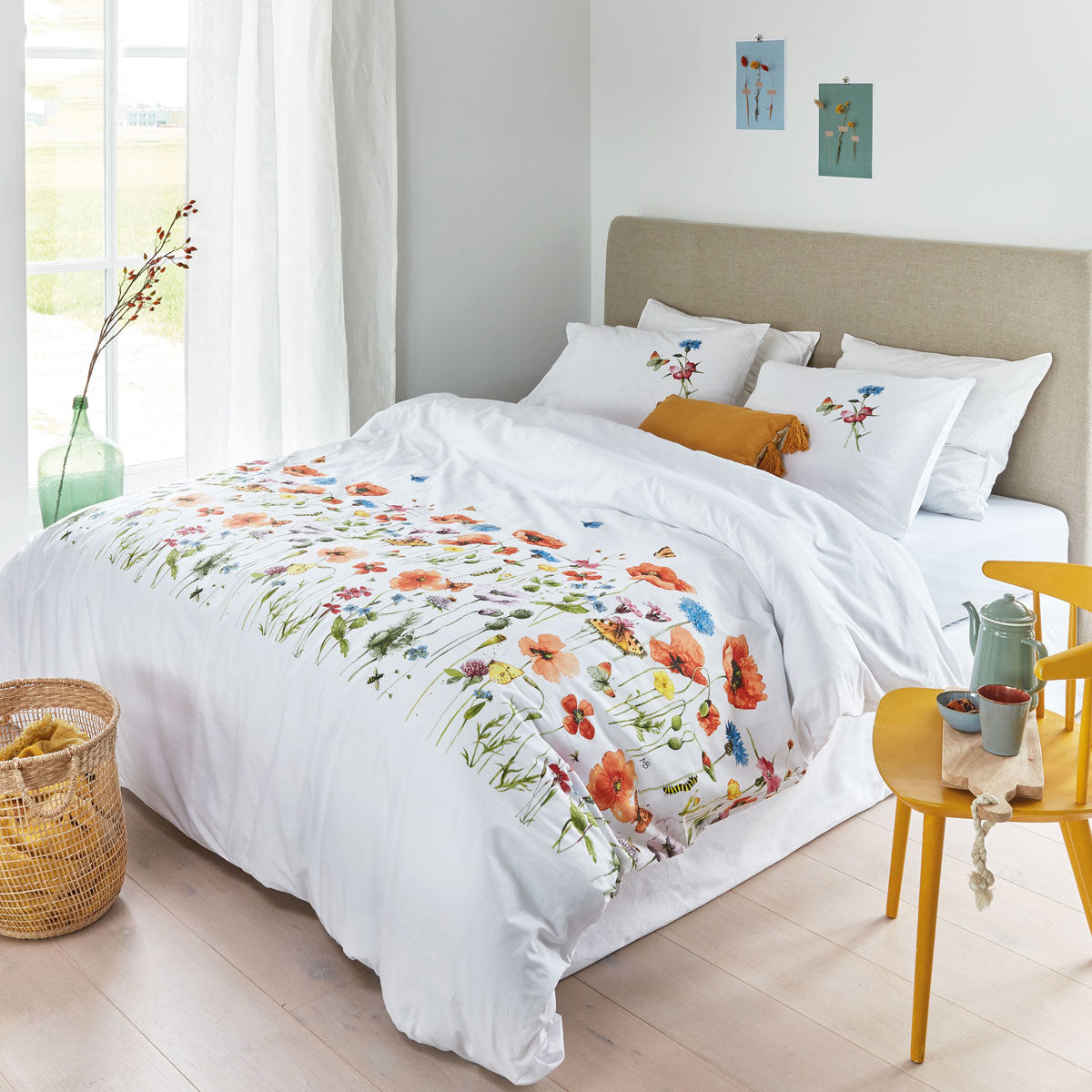 Marjolein Bastin Poppy Parade Multi Cotton Quilt Cover Set King featuring vibrant floral designs with poppies and butterflies.