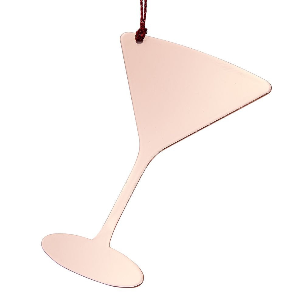 Rose gold martini ornament with red string, flat design for engraving.