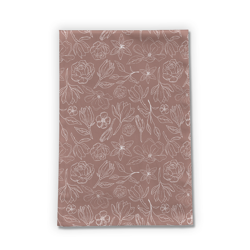 Mauve Magnolia Tea Towel featuring a beautiful floral design on cotton twill fabric, perfect for kitchen use.