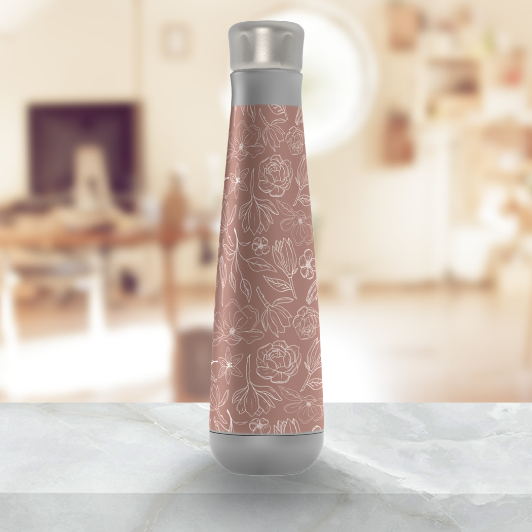 Mauve Magnolia Water Bottle made of stainless steel with a screw-on lid, showcasing its stylish design and vacuum insulation features.