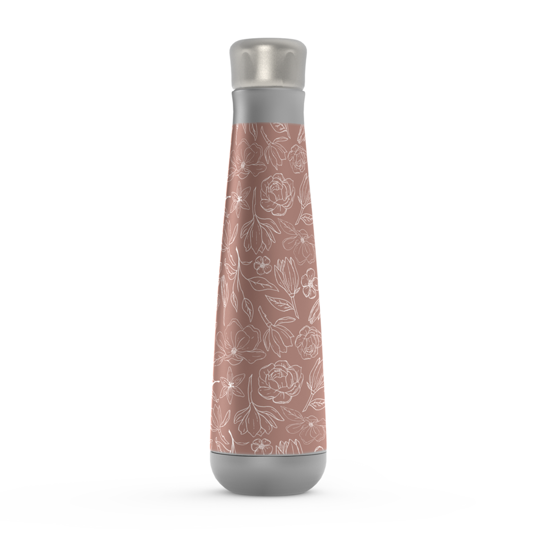 Mauve Magnolia Water Bottle made of stainless steel with a screw-on lid, showcasing its stylish design and vacuum insulation features.