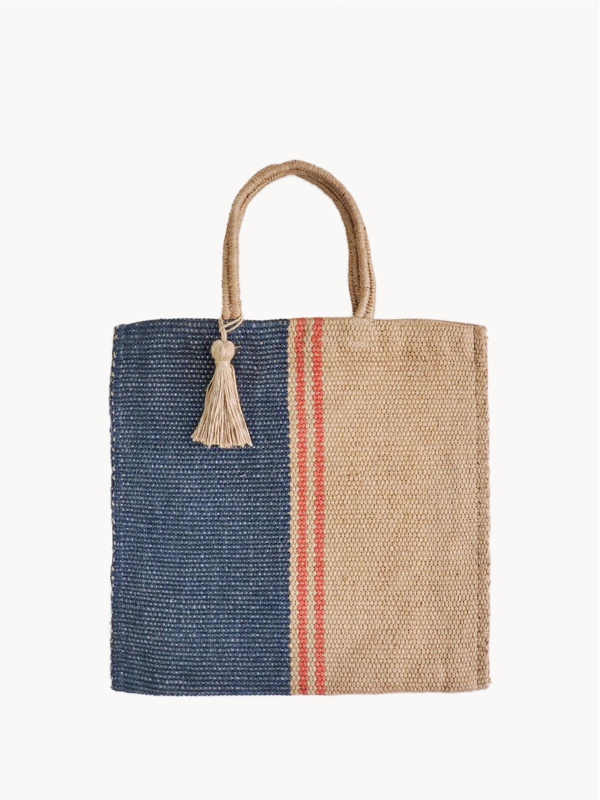 Maya Jute Tote Bag in natural, navy, and red colors, showcasing its handwoven texture and spacious design.