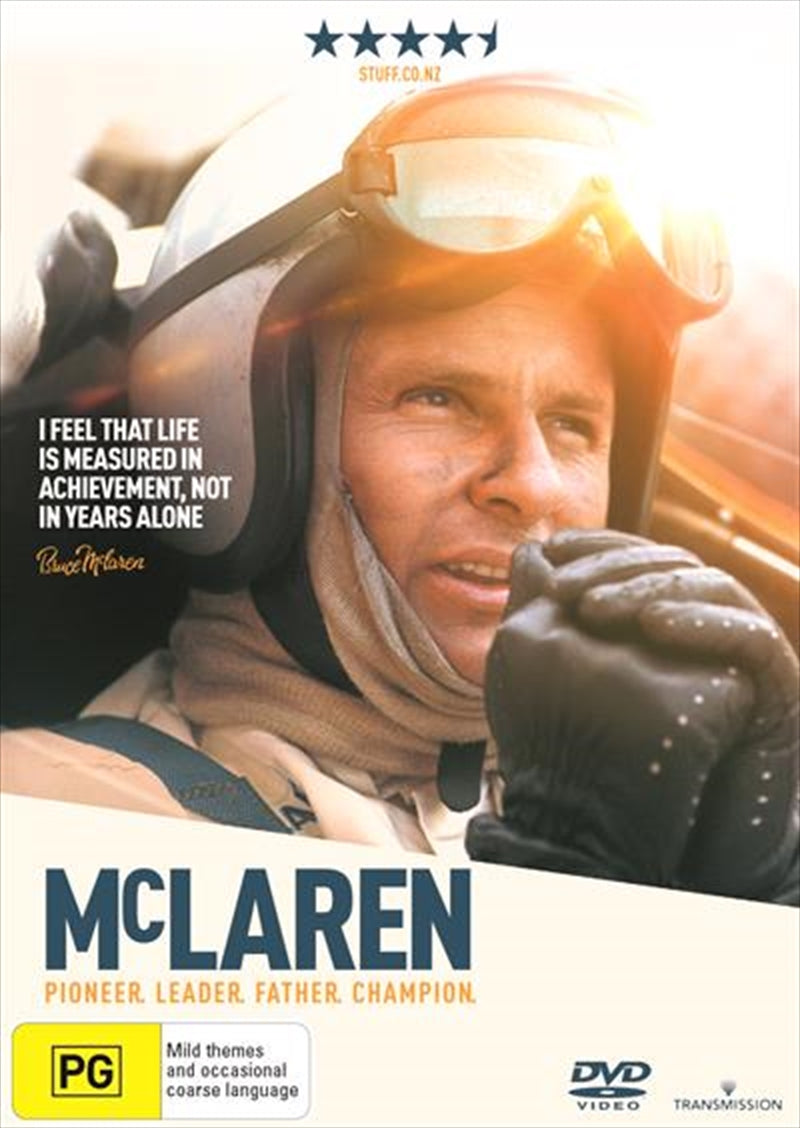 Cover of the McLaren DVD featuring Bruce McLaren with racing cars in the background, showcasing his legacy in motor racing.