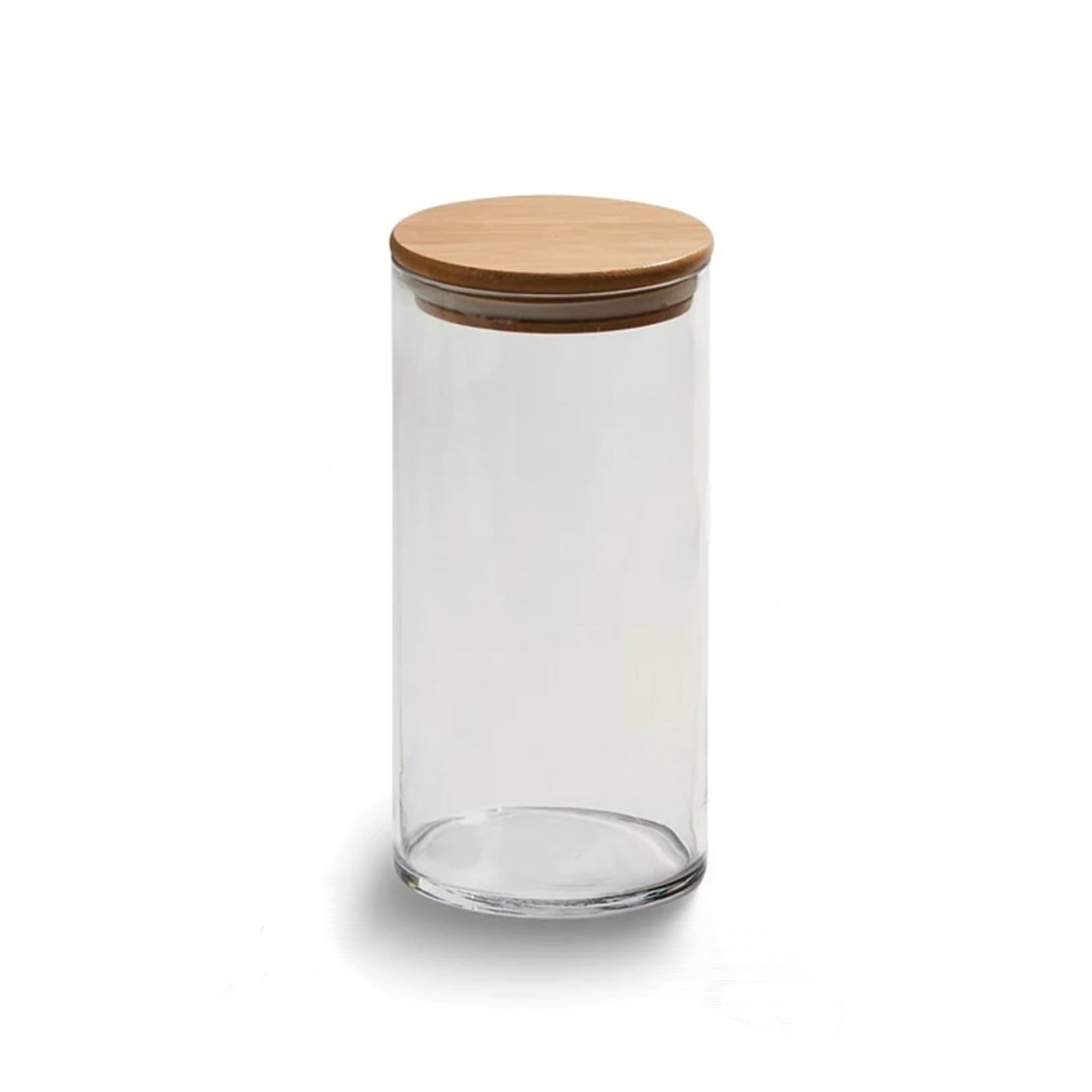 Medium round glass storage container with a bamboo lid, showcasing its elegant design and rubber gasket for a tight seal.