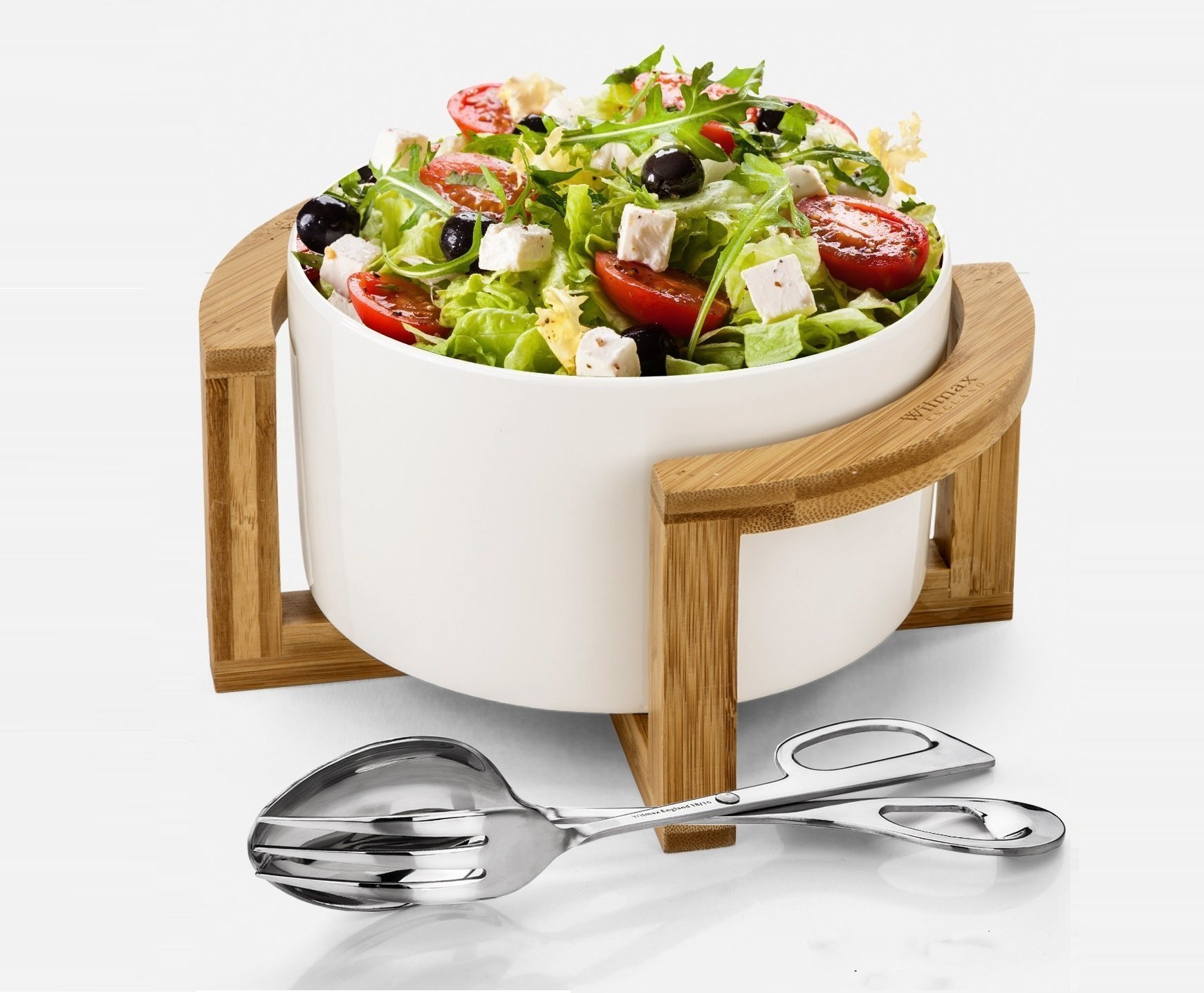 Medium salad bowl set featuring a fine porcelain bowl, stainless steel serving tongs, and a bamboo stand for elegant dining.