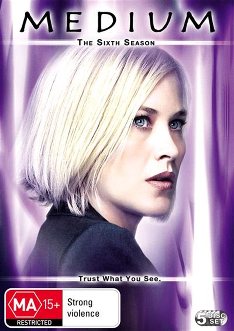 Medium - Season 06 DVD cover featuring Patricia Arquette in a dramatic pose, showcasing the show's supernatural theme.