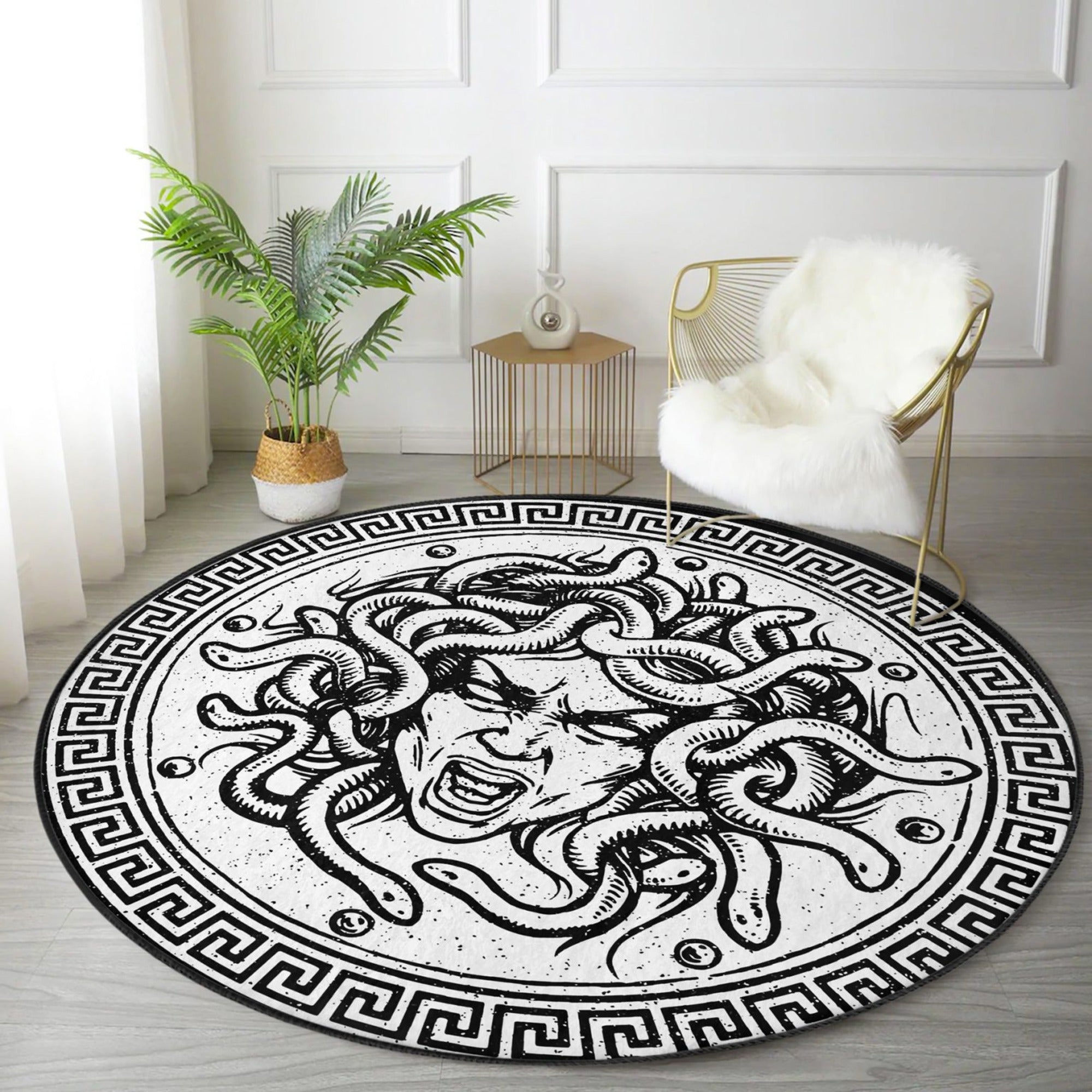 Medusa Printed White Washable Round Rug showcasing a modern white design, made from soft velvet fabric, perfect for home decor.