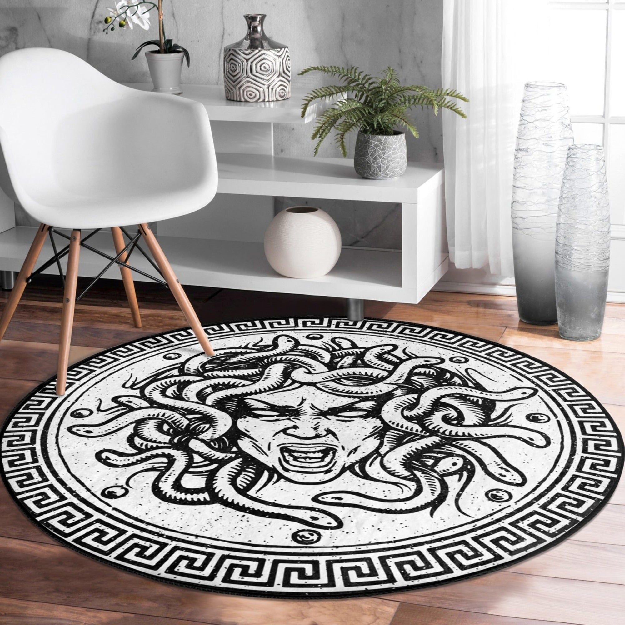 Medusa Printed White Washable Round Rug showcasing a modern white design, made from soft velvet fabric, perfect for home decor.