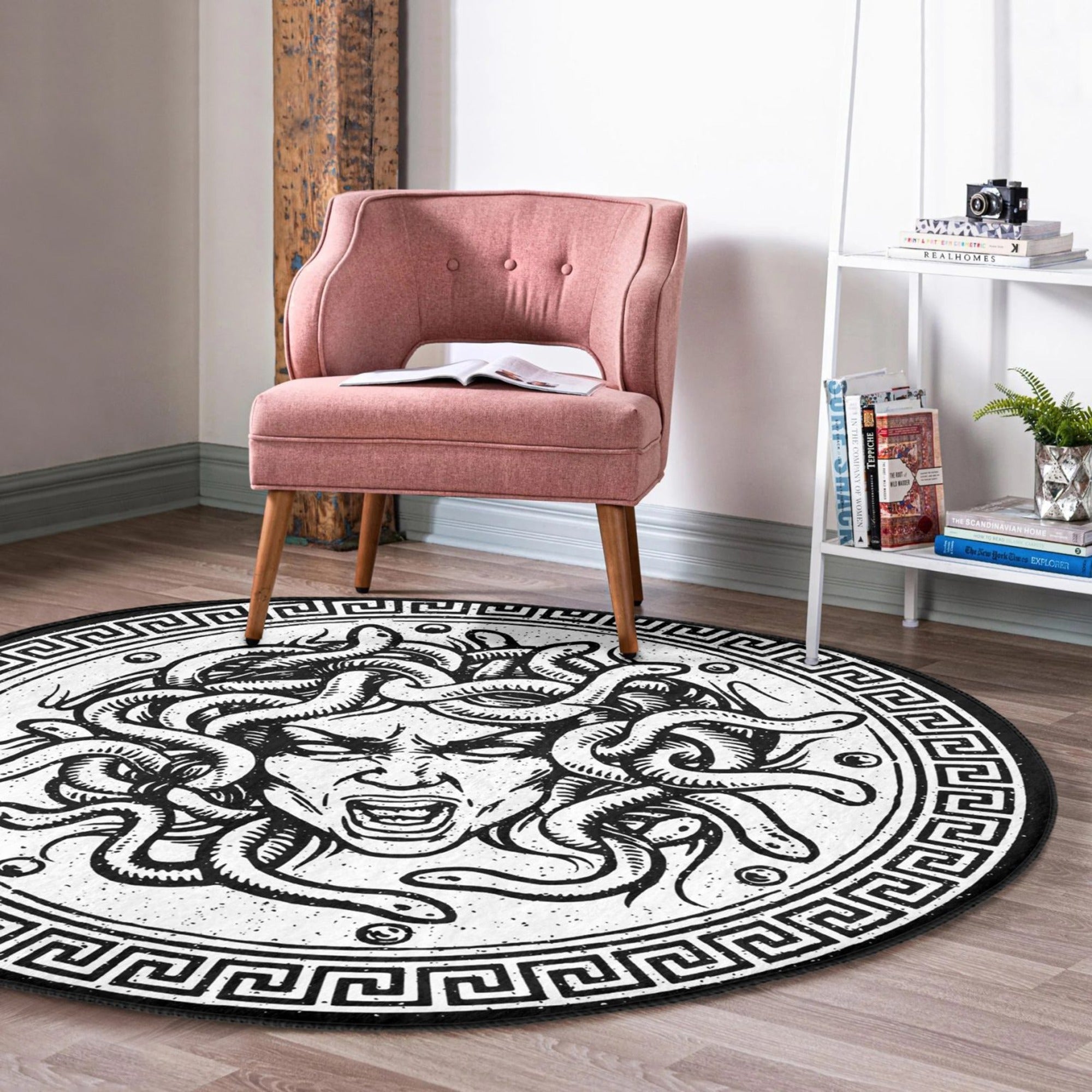 Medusa Printed White Washable Round Rug showcasing a modern white design, made from soft velvet fabric, perfect for home decor.