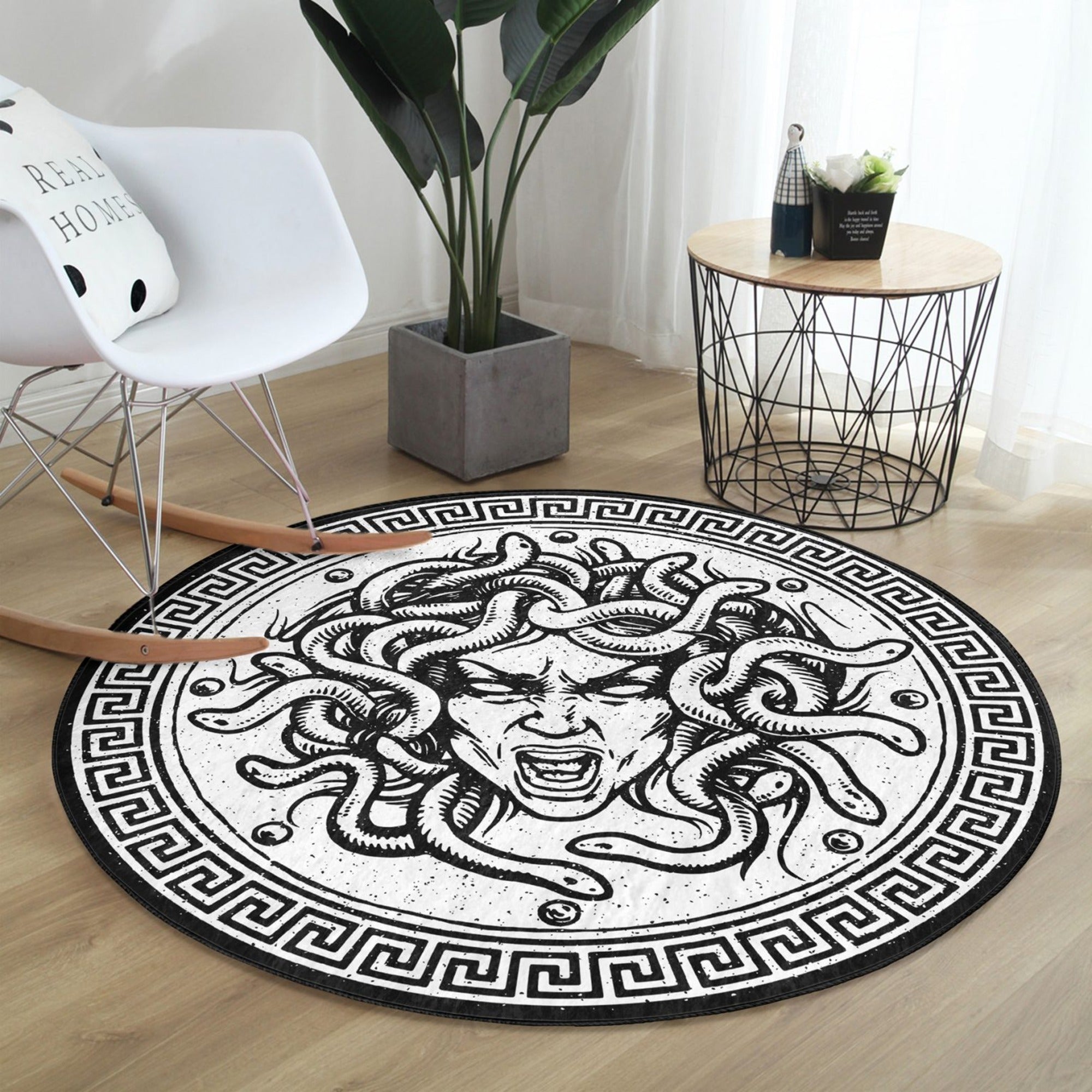 Medusa Printed White Washable Round Rug showcasing a modern white design, made from soft velvet fabric, perfect for home decor.