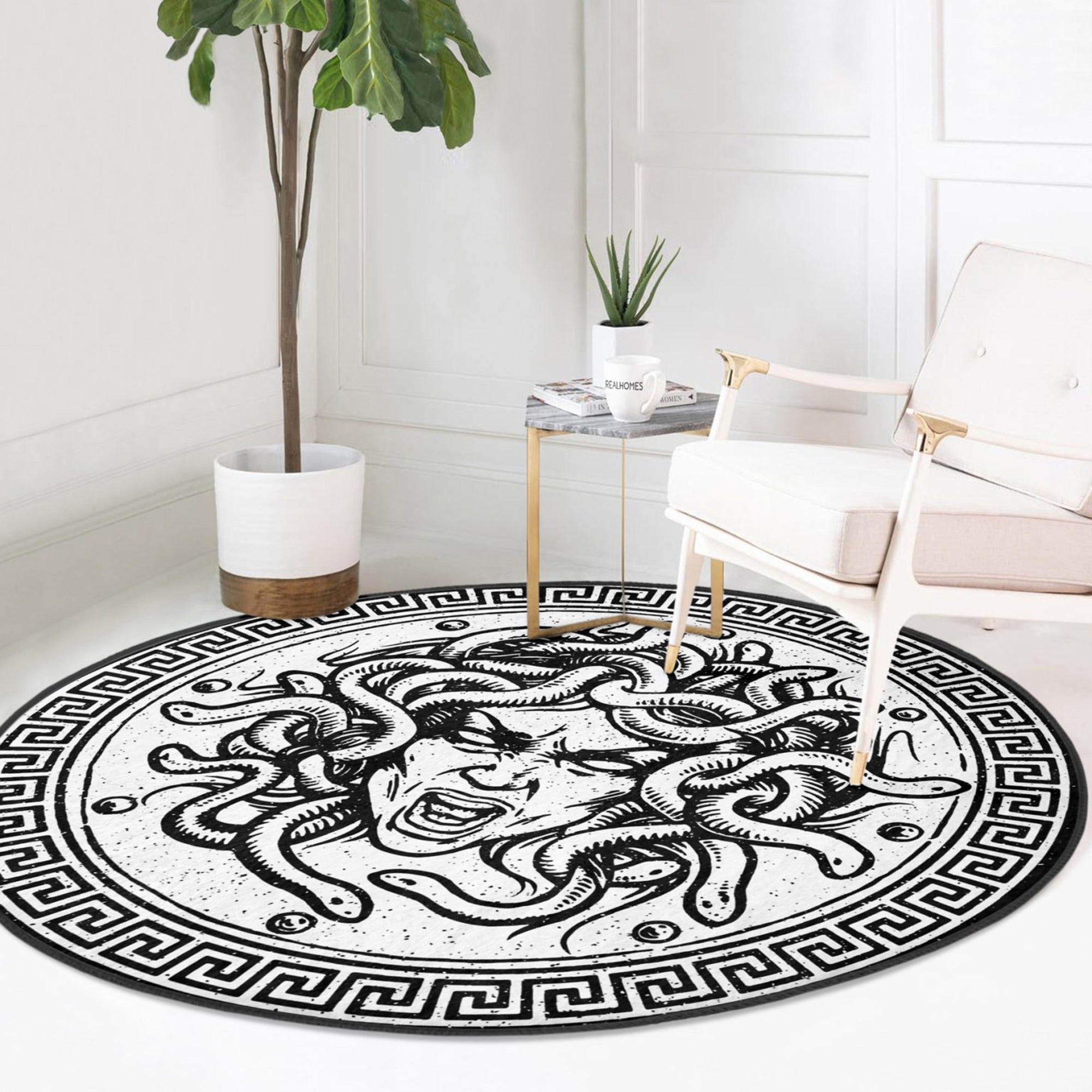 Medusa Printed White Washable Round Rug showcasing a modern white design, made from soft velvet fabric, perfect for home decor.