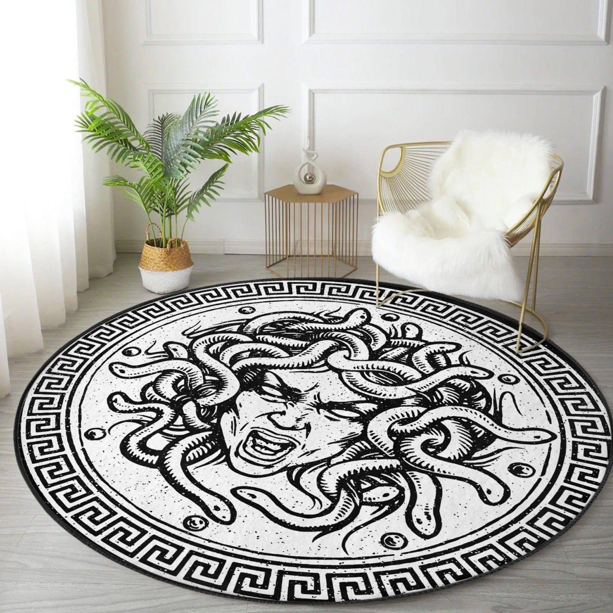 Medusa Printed White Washable Round Rug showcasing a modern white design, made from soft velvet fabric, perfect for home decor.