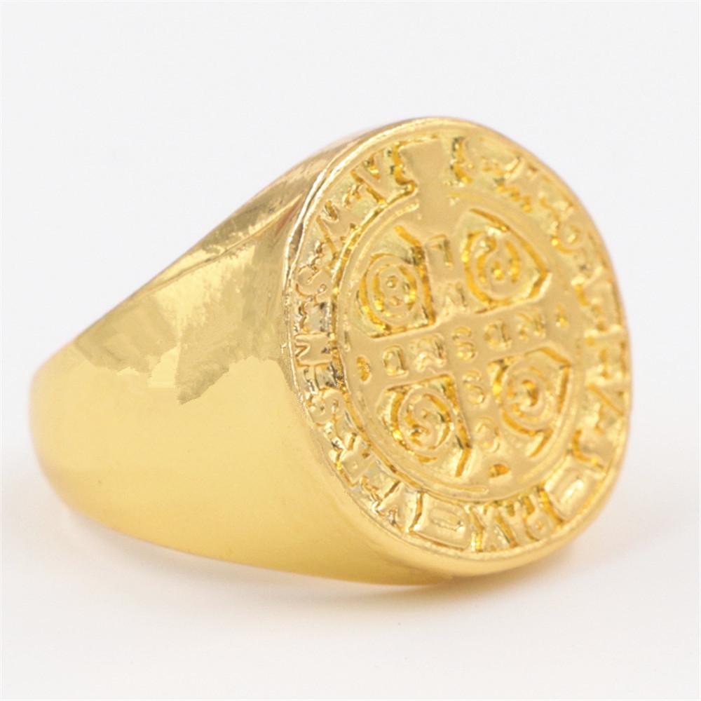 Men's 18K Gold Plated Punk Stainless Steel Religious Catholic Cross Ring featuring a bold design and durable materials.