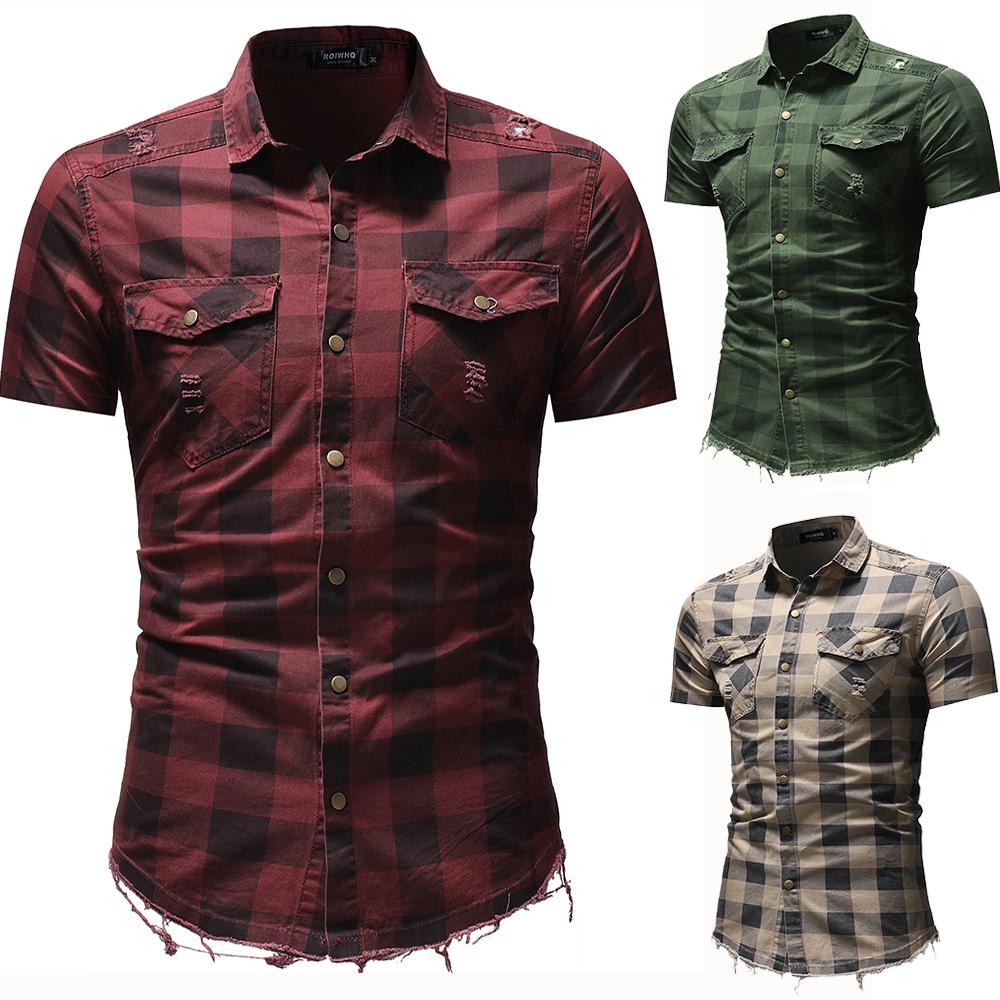 Men's plaid shirt featuring a slim fit design, short sleeves, and a turn-down collar, made from 100% cotton for comfort.