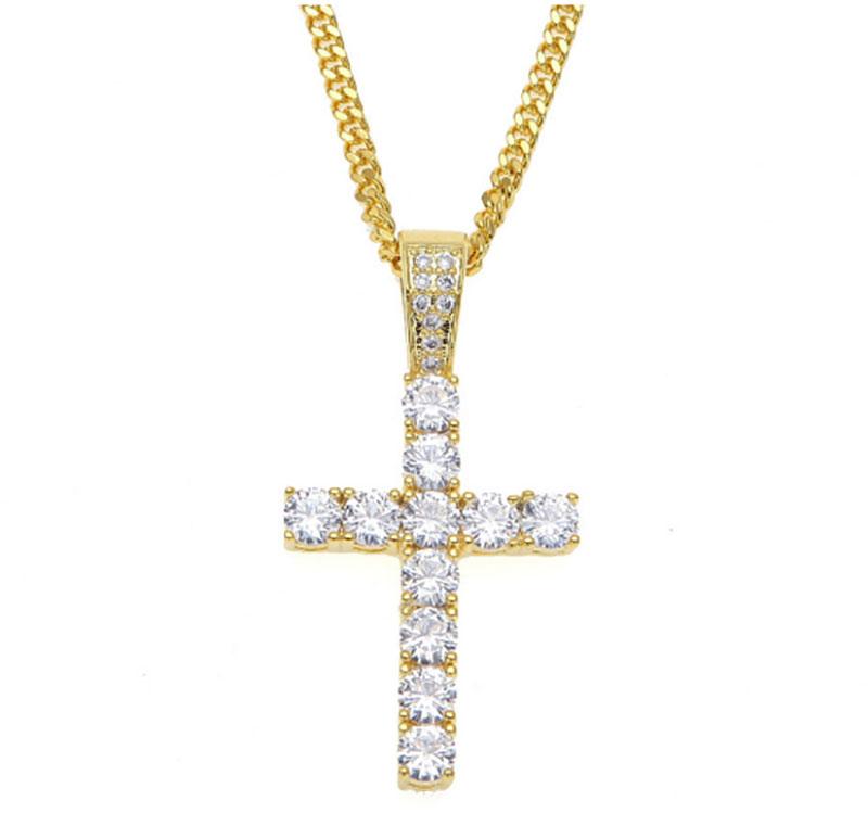 Men Women Hip Hop Cross Pendant Necklace featuring cubic zirconia on a 24-inch chain, available in gold and silver plating.