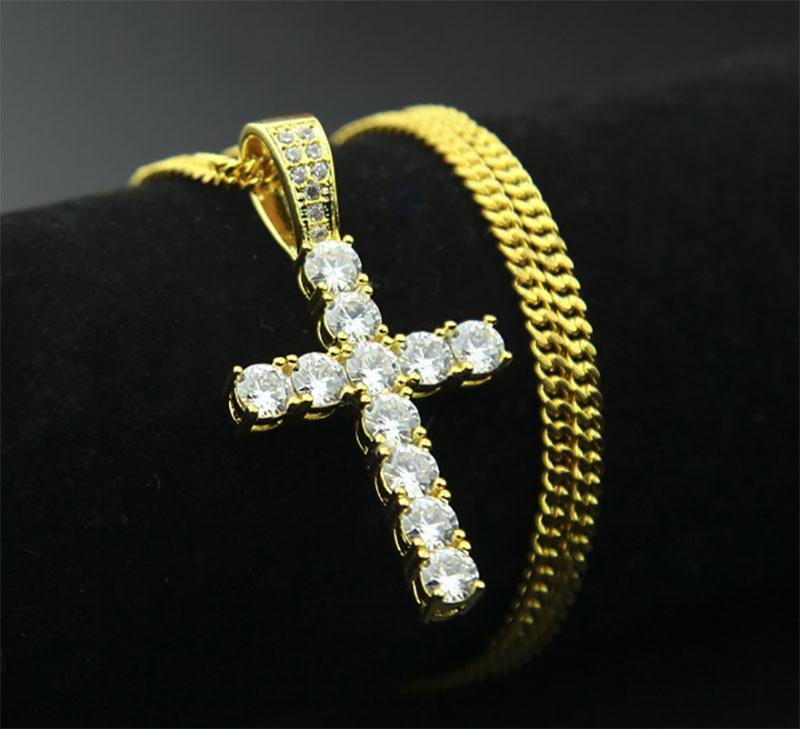 Men Women Hip Hop Cross Pendant Necklace featuring cubic zirconia on a 24-inch chain, available in gold and silver plating.