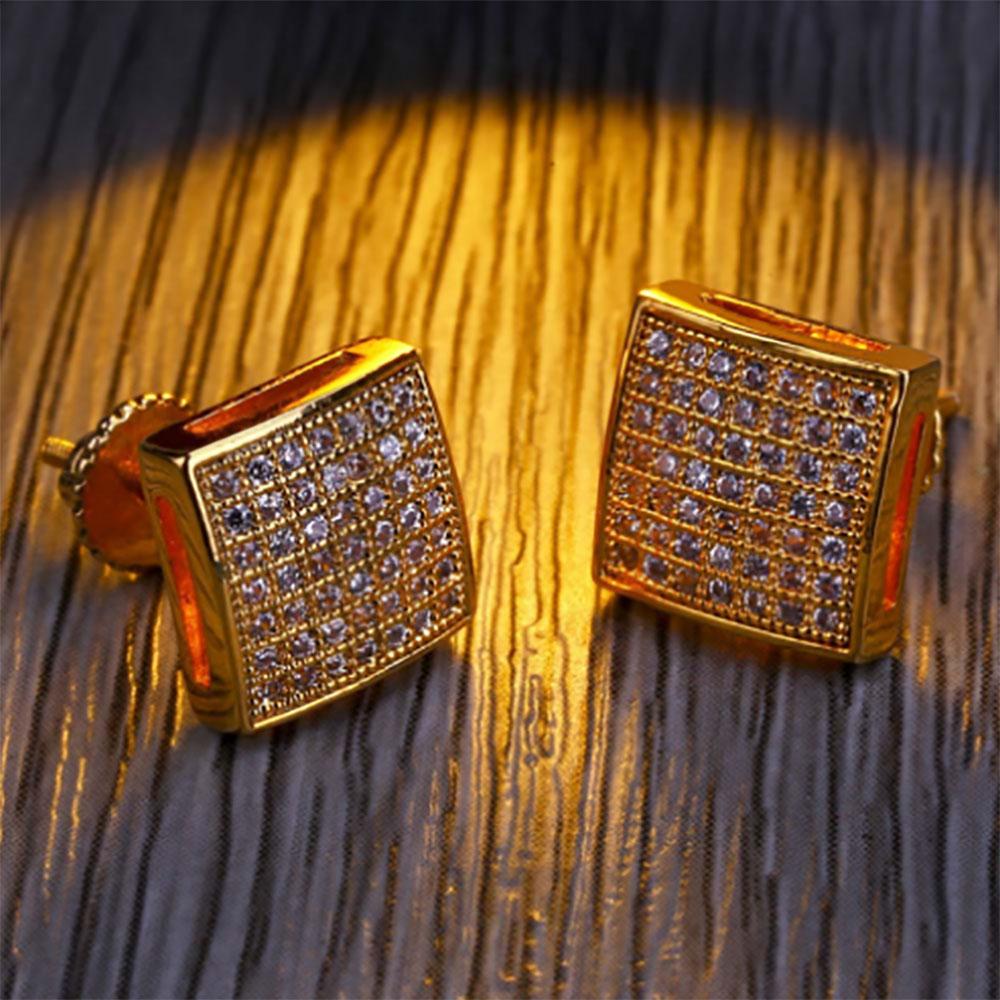 Mens 3D XL Large CZ Micro Pave Bling Bling Earrings featuring a square design with cubic zirconia stones and a 14K gold plated finish.