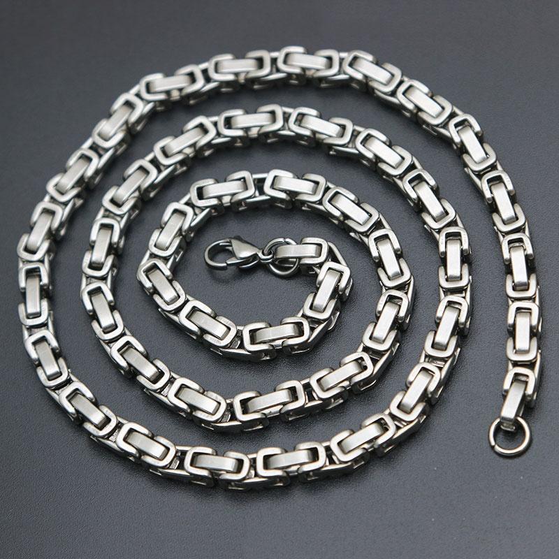 Men's Chain featuring 4mm and 5mm silver tone 316 stainless steel Byzantine box link design, showcasing its elegant and durable structure.