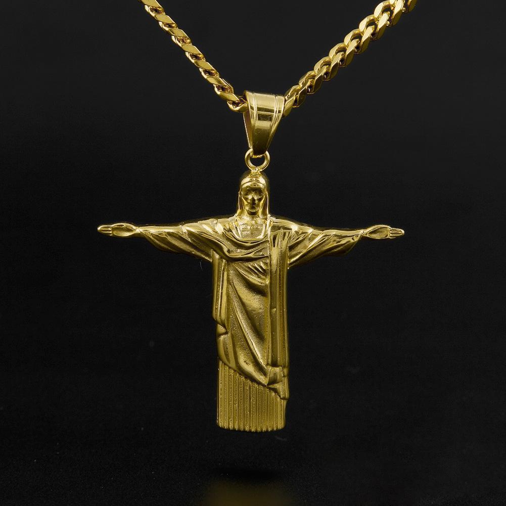 Men's Hip Hop Necklace featuring a JESUS pendant, crafted from stainless steel with a Cuban chain design.