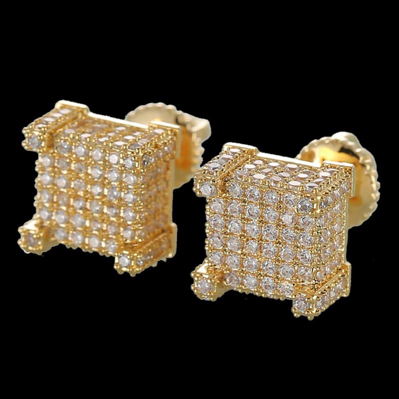 Men's hip hop stud earrings featuring cubic zirconia stones in gold and silver plating with a square design.