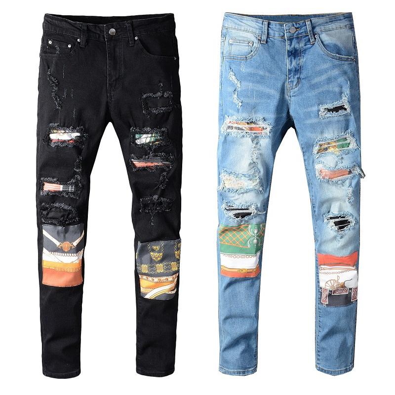 Men's Fashion Black Blue Denim Pant featuring a skinny ripped design, made from 100% cotton for comfort and style.