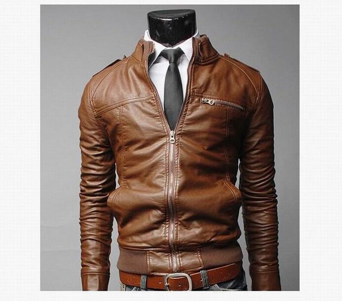 Men's PU Leather Jacket in black with a mandarin collar and zipper closure, perfect for business and casual wear.