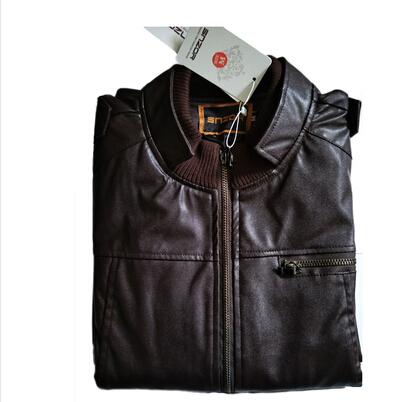 Men's PU Leather Jacket in black with a mandarin collar and zipper closure, perfect for business and casual wear.