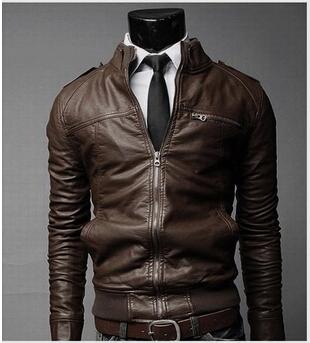 Men's PU Leather Jacket in black with a mandarin collar and zipper closure, perfect for business and casual wear.