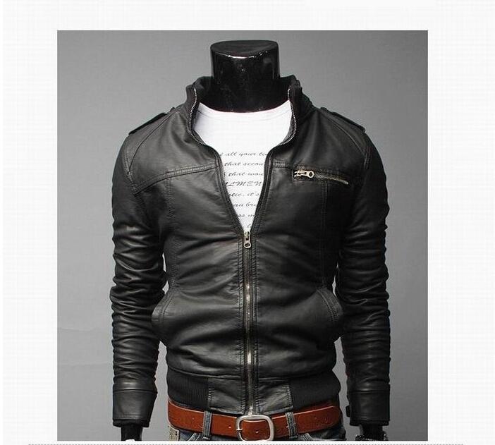 Men's PU Leather Jacket in black with a mandarin collar and zipper closure, perfect for business and casual wear.