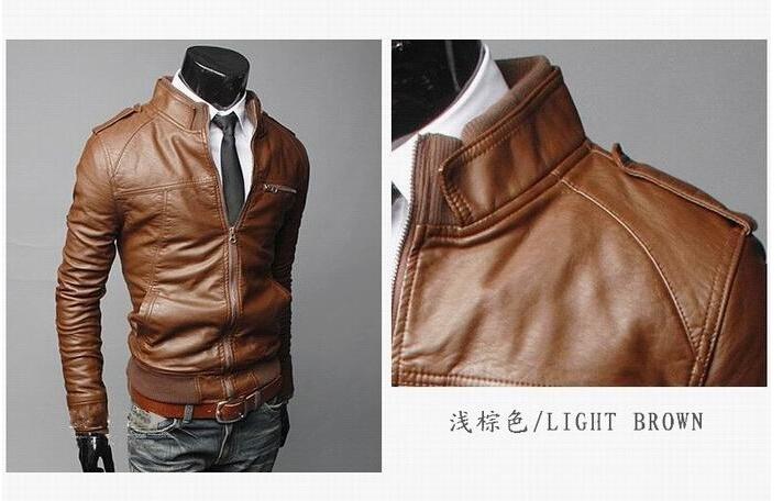 Men's PU Leather Jacket in black with a mandarin collar and zipper closure, perfect for business and casual wear.