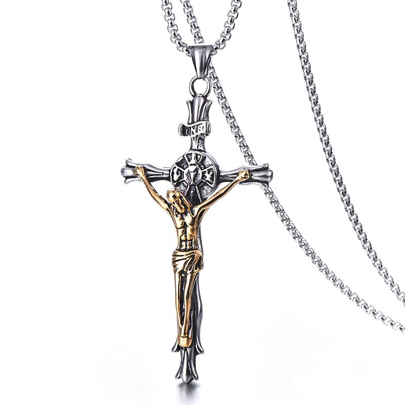 Men's Retro Jesus Cross Pendant Necklace in gold-plated stainless steel with a popcorn chain, showcasing a unique cross design.