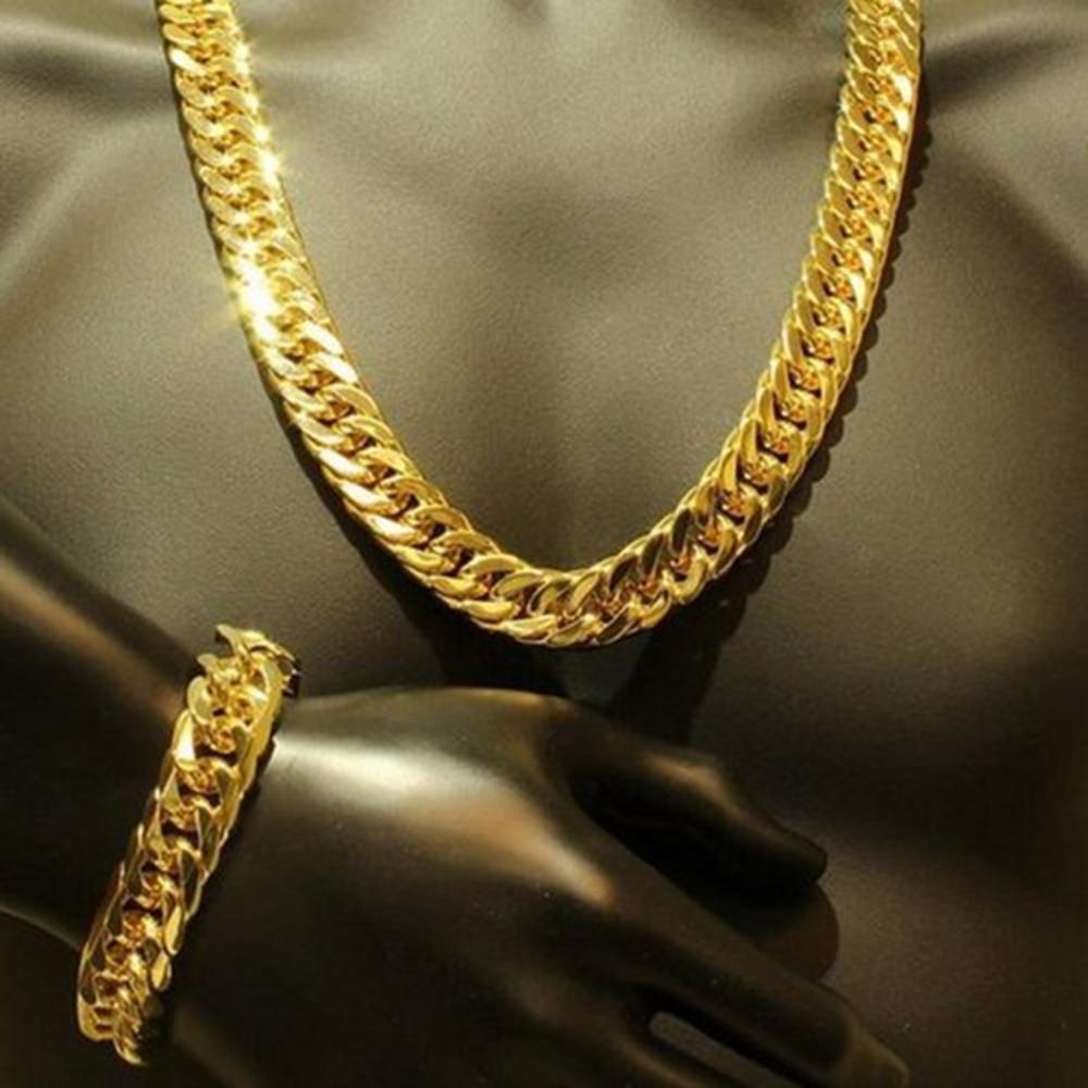 Men's Thick Tight Link 24k Yellow Gold Filled Miami Cuban Link necklace and bracelet set, showcasing a luxurious design with a shiny finish.